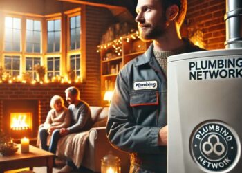 A cozy Sheffield home during a cold winter evening, with warm light glowing from the windows. In the foreground, a gas boiler being serviced by a prof