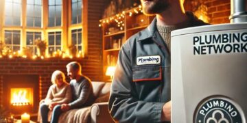 A cozy Sheffield home during a cold winter evening, with warm light glowing from the windows. In the foreground, a gas boiler being serviced by a prof